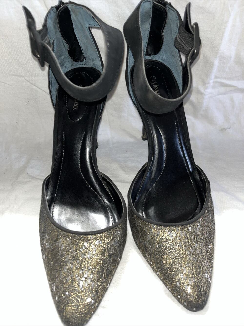 Style & Co Galaxxy Women's Black Gold Glitter Slingback Pumps Size 8M Back Zip
